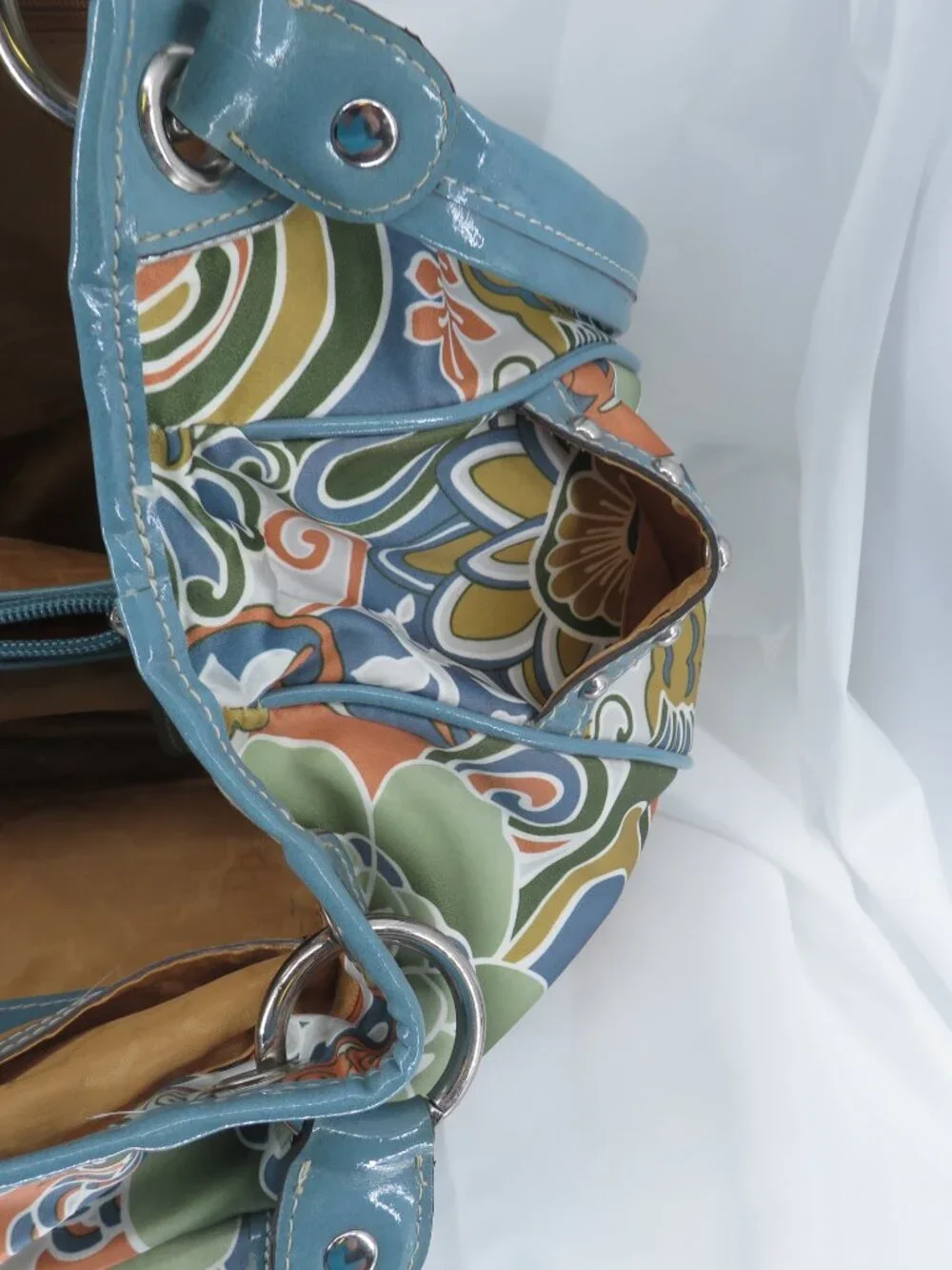 Vintage Kathy Van Zeeland Y2K Floral Hobo Satchel Bag Rhinestone Crown Logo Teal